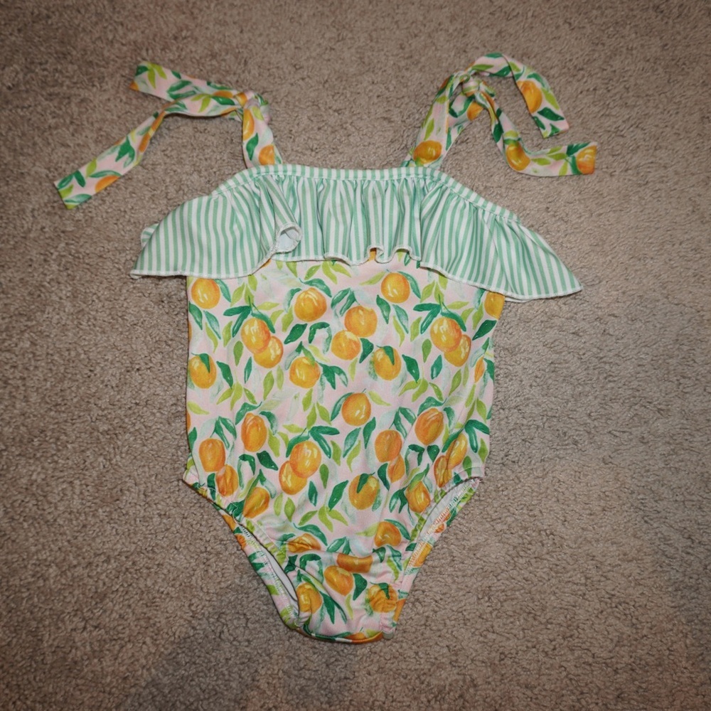 3T J. Bailey Lemon Print One-Piece Swimsuit with Green Stripe Ruffle - Picture 2 of 6
